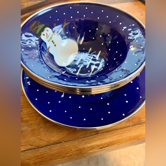 Vintage Denise Harvey Blue Enamel Snowman Christmas Dishes 4 Bowls & 2 Plates - Picture 2 of 11
